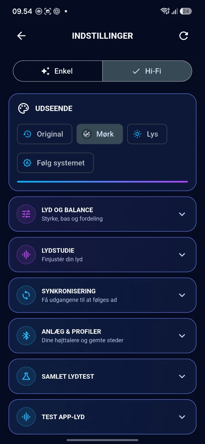 Nye indstillinger, Hi-Fi og avancerede funktioner