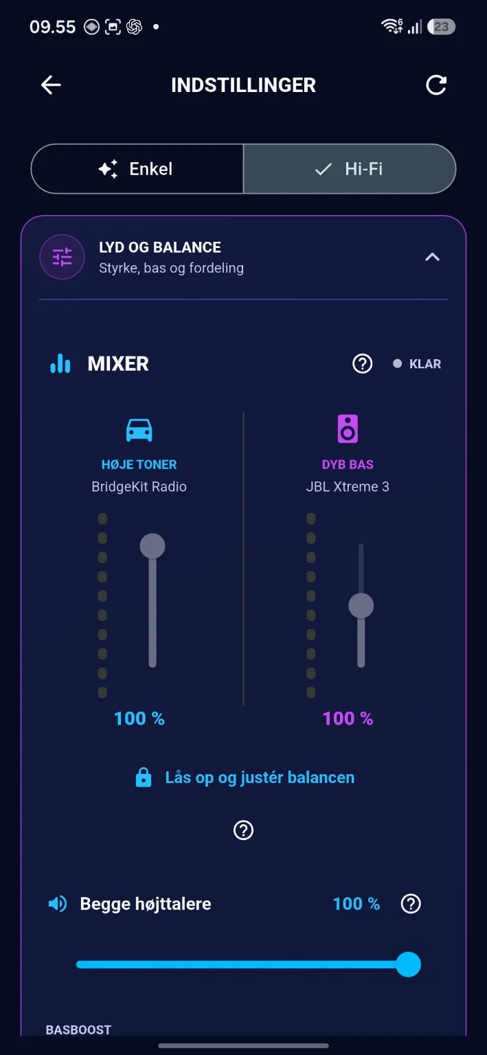 Mixer med lydstyrkeregulering til MAIN og BASS